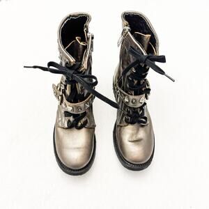 ASH Ryanna Embellished Metallic Silver Combat Boot Round Toe Lace Up Size 38